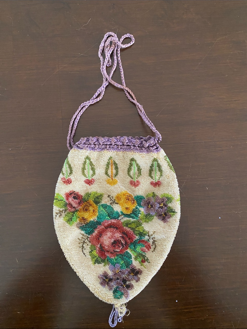 Antique Hand-Beaded Glass Seed Bead Floral Drawstring Purse, Silk Lined, c. 1900